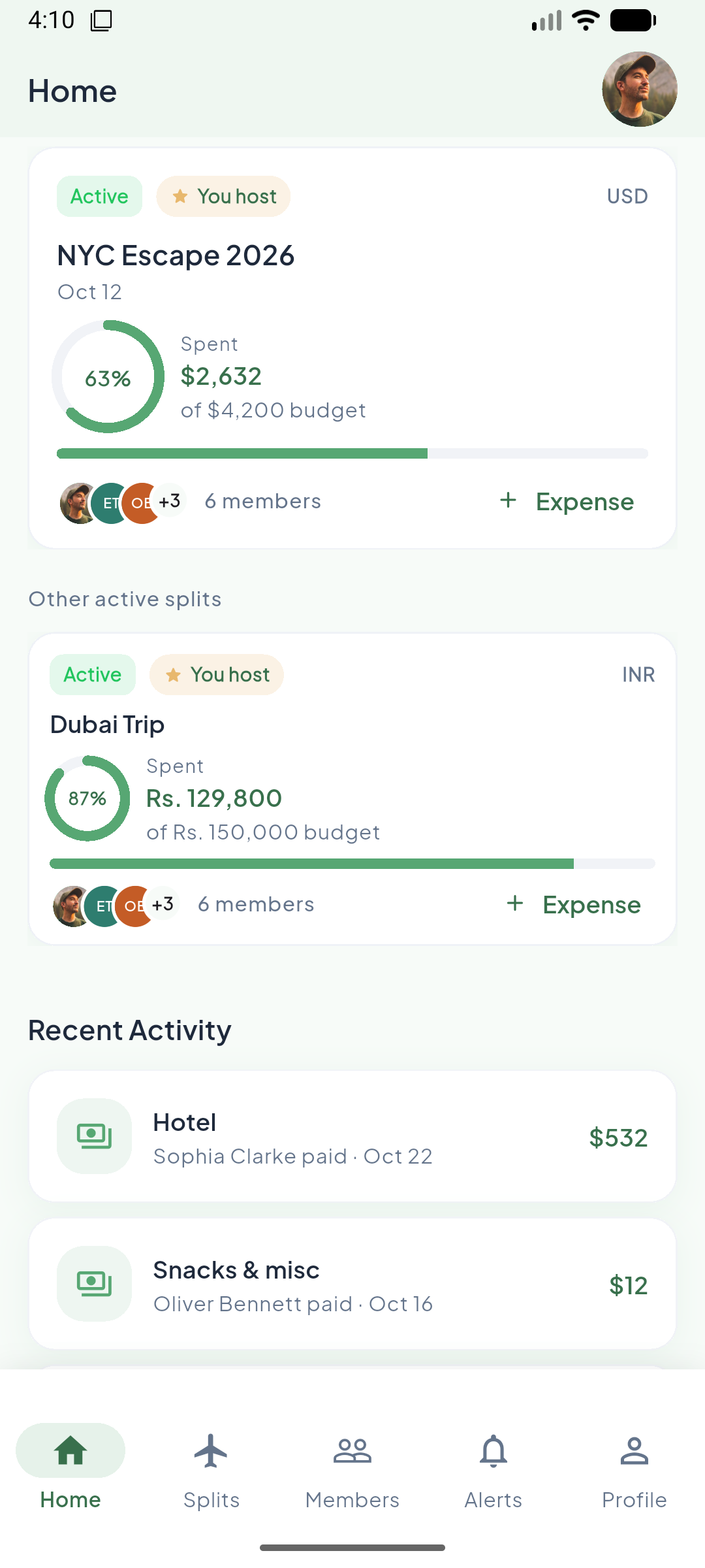 Split with Spark home — active group splits and budgets